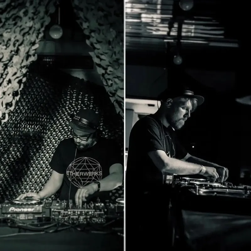 Two sepia toned photos of Out Of Fuel dj'ing at an underground rave party